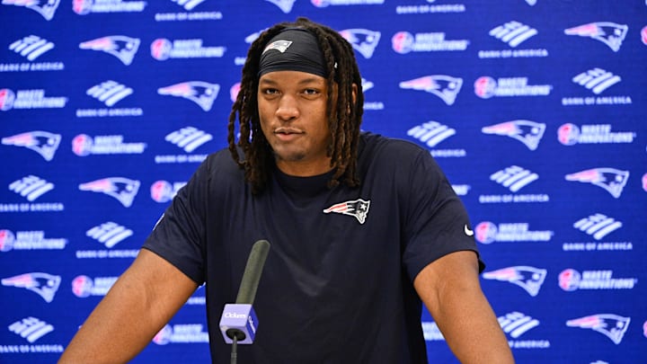 May 9, 2025; Foxborough, MA, USA; New England Patriots center Jared Wilson (58) speaks to the media after rookie camp at Gillette Stadium. Mandatory Credit: Eric Canha-Imagn Images