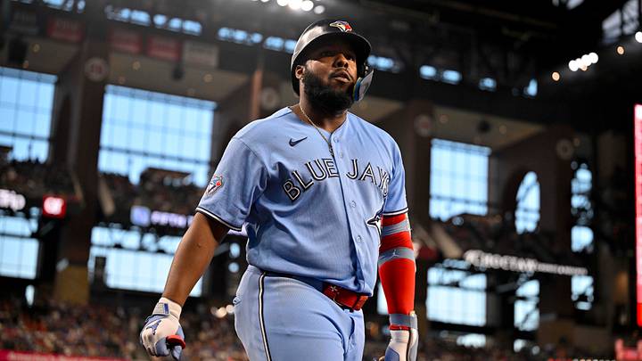 Sep 19, 2026; Arlington, Texas, USA;  Toronto Blue Jays first baseman Vladimir Guerrero Jr. (27) walks to the on deck circle during the fourth inning against the Texas Rangers at Globe Life Field. Mandatory Credit: Jerome Miron-Imagn Images