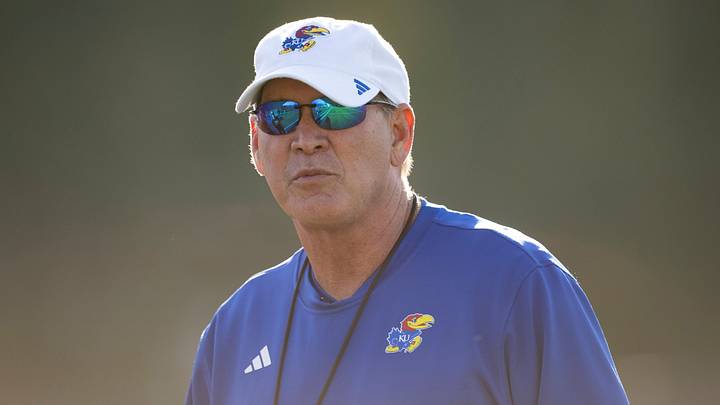 Head coach Lance Leipold watches during Kansas spring football practice Thursday, Mar. 26, 2026 in Lawrence, Kansas.
