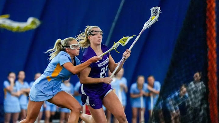 Northwestern Wildcats attacker Madison Taylor attempts to score against Marquette on March 7, 2025.