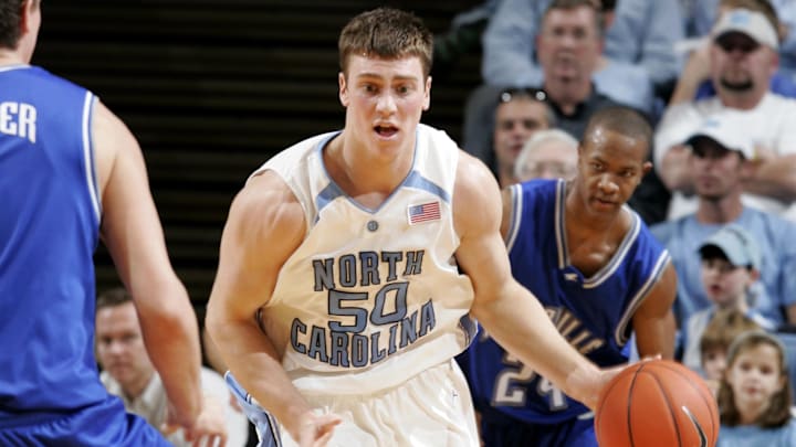 Dec 16, 2006, Chapel Hill, NC, USA; North Carolina Tar Heels (50) Tyler Hansbrough brings the balls up court as UNC Asheville Bulldogs (1) Brett Warner and (24) Vincent James defend in the Tar Heels 93-62 win against the Bulldogs at the Dean E. Smith Center in Chapel Hill, NC. Mandatory Credit: Bob Donnan-Imagn Images Copyright © 2006 Bob Donnan