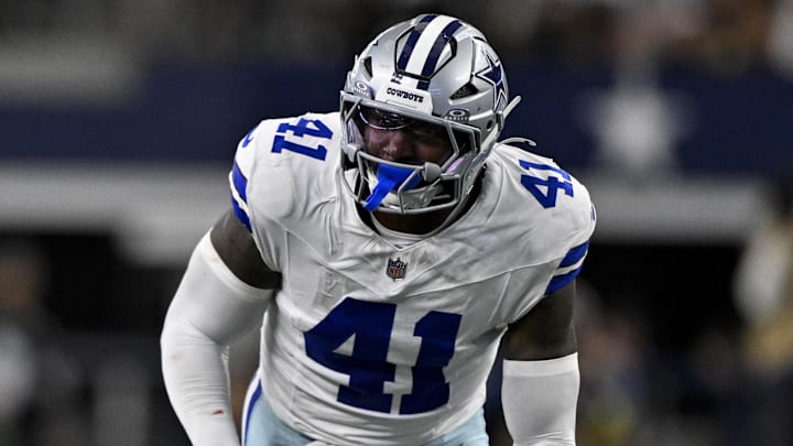Aug 16, 2025; Arlington, Texas, USA; Dallas Cowboys defensive end Donovan Ezeiruaku (41) rushes the line during the game between the Dallas Cowboys and the Baltimore Ravens at AT&T Stadium. Mandatory Credit: Jerome Miron-Imagn Images