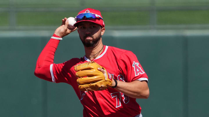 Mar 13, 2024; Surprise, Arizona, USA; Los Angeles Angels second baseman Livan Soto (73) throws to first base against the Kansas City Royals during the second inning at Surprise Stadium. Mandatory Credit: Joe Camporeale-USA TODAY Sports Mar 13, 2024; Surprise, Arizona, USA; Los Angeles Angels second baseman Livan Soto (73) throws to first base against the Kansas City Royals during the second inning at Surprise Stadium. Mandatory Credit: Joe Camporeale-USA TODAY Sports