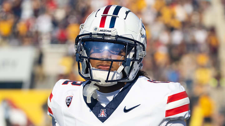 Nov 25, 2023; Tempe, Arizona, USA; Arizona Wildcats safety Genesis Smith (12) against the Arizona State Sun Devils during the Territorial Cup at Mountain America Stadium. Mandatory Credit: Mark J. Rebilas-USA TODAY Sports