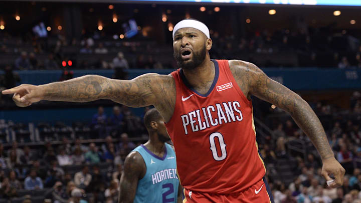 Jan 24, 2018; Charlotte, NC, USA; New Orleans Pelicans forward center DeMarcus Cousins (0) reacts to the referee after being fouled during the first half against the Charlotte Hornets at Spectrum Center. Mandatory Credit: Sam Sharpe-Imagn Images