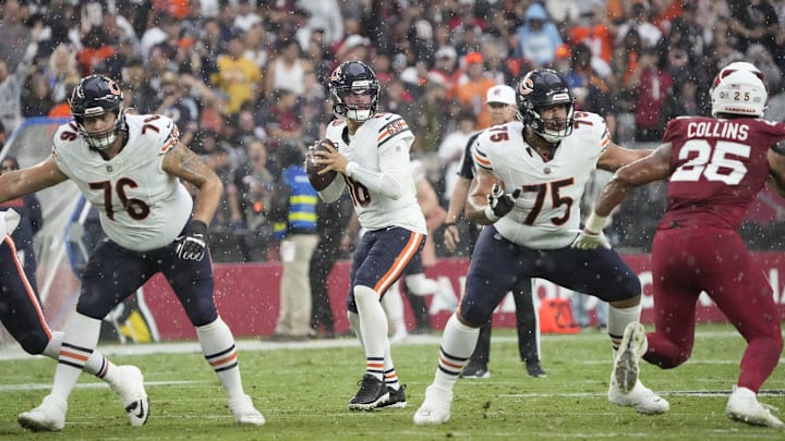 Caleb Williams looks for a target in Sunday's 29-9 loss to the Arizona Cardinals. Caleb Williams looks for a target in Sunday's 29-9 loss to the Arizona Cardinals.