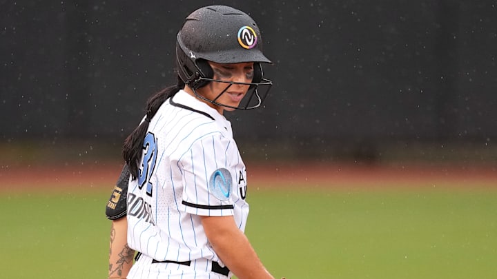 Volts second baseman Sierra Romero approaches second base after a double as a Team McQuillin member during an Athletes Unlimited Pro (now known as the All-Star Cup) game at Max R. Joyner Family Stadium on Aug. 7, 2024 in Greenville, N.C.