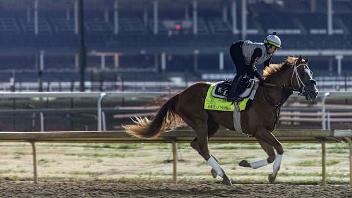Kentucky derby hopeful American promise trains before dawn at Churchill Downs. American Promise is trained by D. Wayne Lukas. Kentucky derby hopeful American promise trains before dawn at Churchill Downs. American Promise is trained by D. Wayne Lukas.