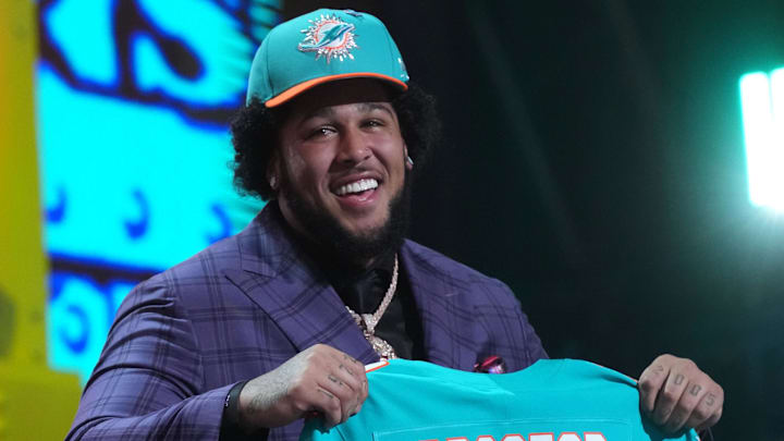 Alabama Crimson Tide tackle Kadyn Proctor is selected by the Miami Dolphins as the No. 12 pick during the 2026 NFL Draft at Acrisure Stadium in Pittsburgh.