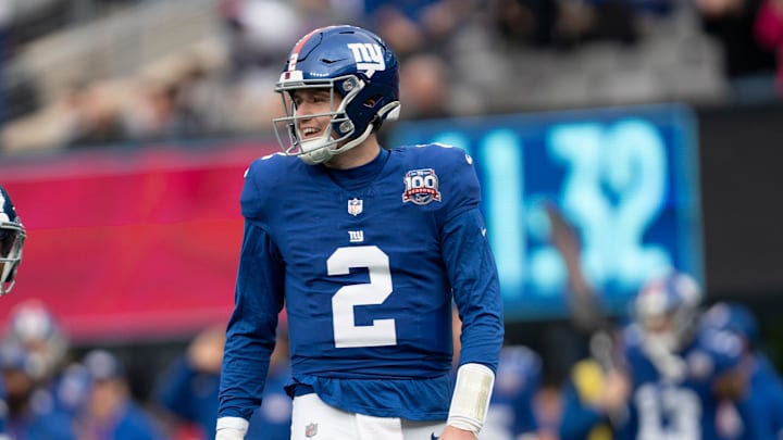 New York Giants quarterback Drew Lock celebrates after a touchdown. New York Giants quarterback Drew Lock celebrates after a touchdown.