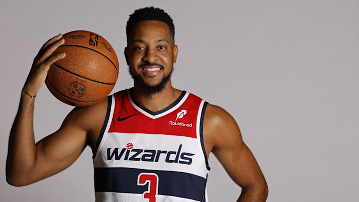 Sep 29, 2025; Washington, DC, USA; Washington Wizards guard CJ McCollum (3) poses for a portrait during Wizards Media Day at CareFirst Arena.  Mandatory Credit: Geoff Burke-Imagn Images