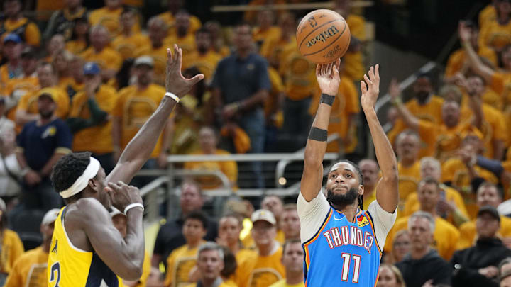 Jun 13, 2025; Indianapolis, Indiana, USA; Oklahoma City Thunder guard Isaiah Joe (11) shoots the ball against Indiana Pacers forward Pascal Siakam (43) during the first half during game four of the 2025 NBA Finals at Gainbridge Fieldhouse.