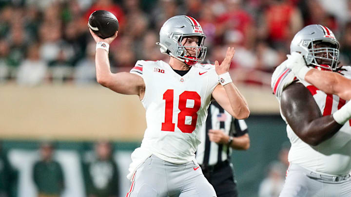 Sep 28, 2024; East Lansing, Michigan, USA; Ohio State Buckeyes quarterback Will Howard (18) makes a pass against the Michigan State Spartans in the first half at Spartan Stadium on Saturday.