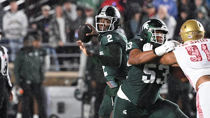 Sep 21, 2024; Chestnut Hill, Massachusetts, USA; Michigan State Spartans quarterback Aidan Chiles (2) throws a pass against the Boston College Eagles during the first half at Alumni Stadium. Mandatory Credit: Eric Canha-Imagn Images