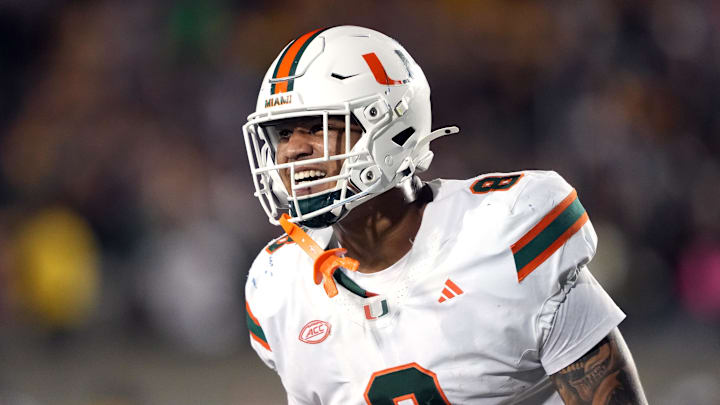 Oct 5, 2024; Berkeley, California, USA; Miami Hurricanes tight end Elijah Arroyo (8) celebrates after scoring a touchdown against the California Golden Bears during the fourth quarter at California Memorial Stadium. Mandatory Credit: Darren Yamashita-Imagn Images