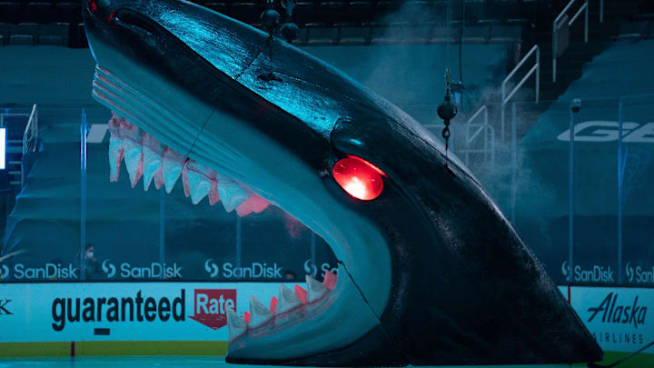 Feb 22, 2021; San Jose, California, USA;  General view of the shark head before the game between the San Jose Sharks and the Minnesota Wild at SAP Center at San Jose. Mandatory Credit: Stan Szeto-Imagn Images