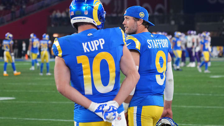 Jan 13, 2025; Glendale, AZ, USA; Los Angeles Rams quarterback Matthew Stafford (9) and wide receiver Cooper Kupp (10) watch from the sidelines against the Minnesota Vikings during the second half in an NFC wild card game at State Farm Stadium. Mandatory Credit: Joe Camporeale-Imagn Images Jan 13, 2025; Glendale, AZ, USA; Los Angeles Rams quarterback Matthew Stafford (9) and wide receiver Cooper Kupp (10) watch from the sidelines against the Minnesota Vikings during the second half in an NFC wild card game at State Farm Stadium. Mandatory Credit: Joe Camporeale-Imagn Images