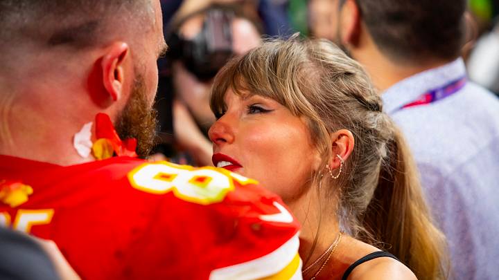 Kansas City Chiefs tight end Travis Kelce celebrates with wife Taylor Swift. Kansas City Chiefs tight end Travis Kelce celebrates with wife Taylor Swift.