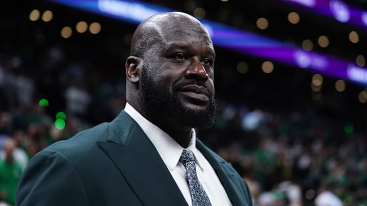 Jun 6, 2024; Boston, Massachusetts, USA; Shaquille O'Neal looks on before the game between the Boston Celtics and the Dallas Mavericks in game one of the 2024 NBA Finals at TD Garden. Mandatory Credit: David Butler II-Imagn Images