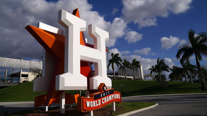 Mar 9, 2021; West Palm Beach, Florida, USA; A general view of the Houston Astros logo statue outside of The Ballpark of the Palm Beaches prior to the spring training game between the Houston Astros and the Washington Nationals. Mandatory Credit: Jasen Vinlove-USA TODAY Sports Mar 9, 2021; West Palm Beach, Florida, USA; A general view of the Houston Astros logo statue outside of The Ballpark of the Palm Beaches prior to the spring training game between the Houston Astros and the Washington Nationals. Mandatory Credit: Jasen Vinlove-USA TODAY Sports