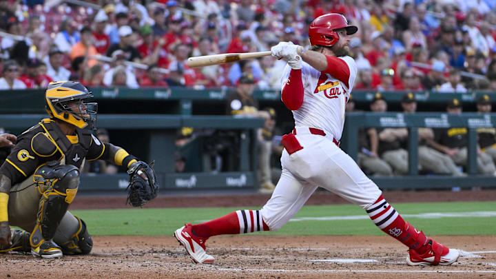 Jul 24, 2025; St. Louis, Missouri, USA;  St. Louis Cardinals second baseman Brendan Donovan (33) hits a three-run home run against the San Diego Padres during the second inning at Busch Stadium. Mandatory Credit: Jeff Curry-Imagn Images