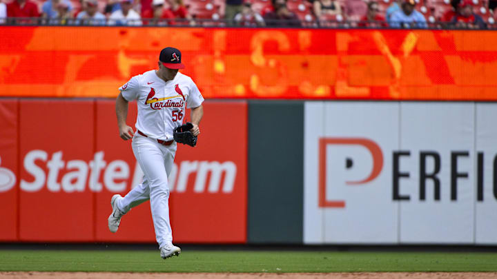 Sep 22, 2024; St. Louis, Missouri, USA;  St. Louis Cardinals relief pitcher Ryan Helsley (56) enters the game against the Cleveland Guardians during the ninth inning at Busch Stadium. Mandatory Credit: Jeff Curry-Imagn Images