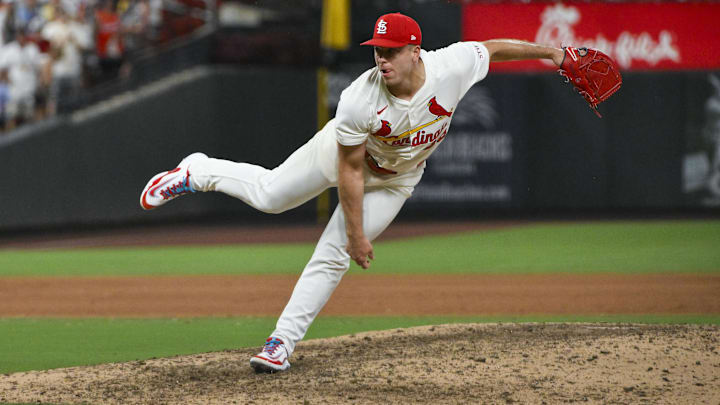 Jul 24, 2025; St. Louis, Missouri, USA; St. Louis Cardinals relief pitcher Ryan Helsley (56) pitches against the San Diego Padres during the ninth inning at Busch Stadium. Mandatory Credit: Jeff Curry-Imagn Images Jul 24, 2025; St. Louis, Missouri, USA; St. Louis Cardinals relief pitcher Ryan Helsley (56) pitches against the San Diego Padres during the ninth inning at Busch Stadium. Mandatory Credit: Jeff Curry-Imagn Images