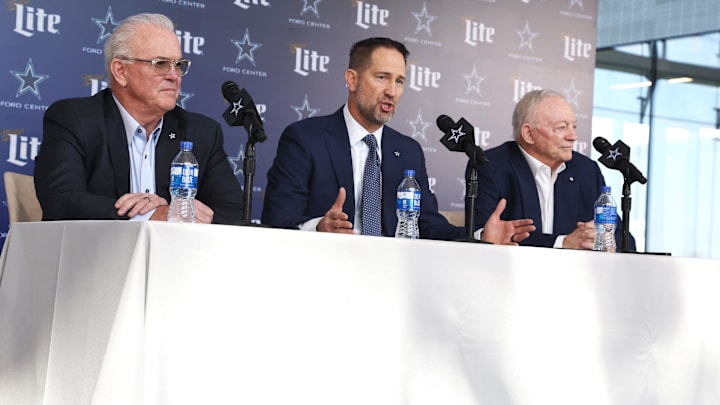 Jan 27, 2025; Frisco, TX, USA;   (L to R) Dallas Cowboys CEO Stephen Jones, head coach Brian Schottenheimer and owner Jerry Jones speak to the media at a press conference at the Star. 
