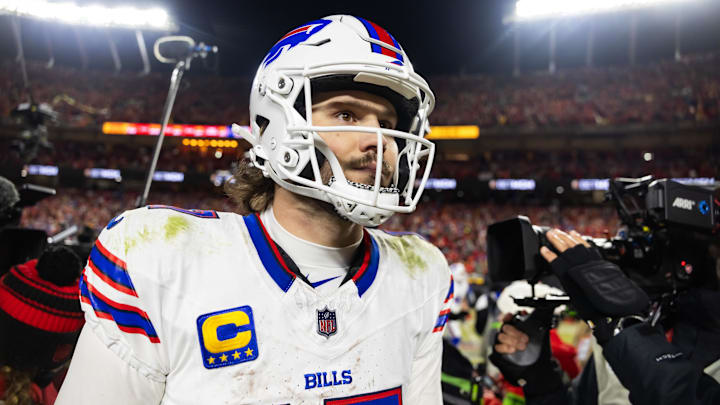 Jan 26, 2025; Kansas City, MO, USA; Buffalo Bills quarterback Josh Allen (17) reacts as he walks off the field after losing to the Kansas City Chiefs during the AFC Championship game at GEHA Field at Arrowhead Stadium. Mandatory Credit: Mark J. Rebilas-Imagn Images Jan 26, 2025; Kansas City, MO, USA; Buffalo Bills quarterback Josh Allen (17) reacts as he walks off the field after losing to the Kansas City Chiefs during the AFC Championship game at GEHA Field at Arrowhead Stadium. Mandatory Credit: Mark J. Rebilas-Imagn Images