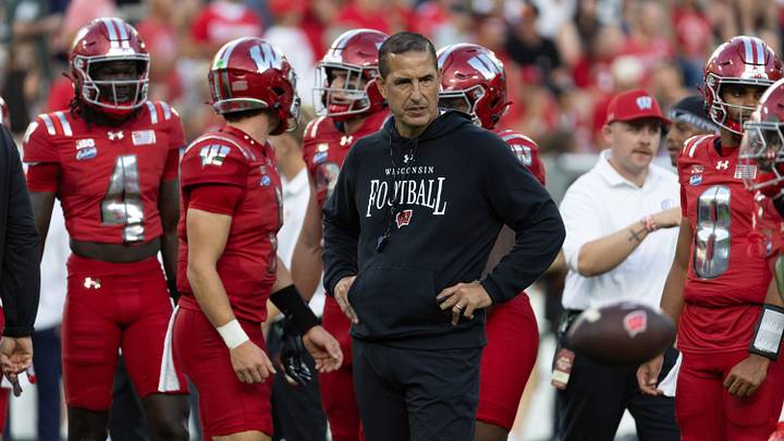 Sep 6, 2026; Green Bay, Wisconsin, USA;  Wisconsin Badgers head coach Luke Fickell reacts at Lambeau Field.  Mandatory Credit: Trevor Ruszkowski-Imagn Images