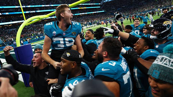 Jaguars kicker Cam Little is carried off the field after hitting a game-winning 57-yard field goal against the Eagles on Sunday. Jaguars kicker Cam Little is carried off the field after hitting a game-winning 57-yard field goal against the Eagles on Sunday.