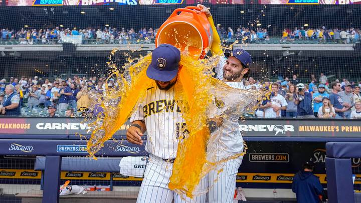 Jun 14, 2026: Milwaukee Brewers right fielder Blake Perkins (16) is dunked buy center fielder Garrett Mitchell (5) following the game against the Philadelphia Phillies at American Family Field. Credit: Jeff Hanisch-Imagn Images Jun 14, 2026: Milwaukee Brewers right fielder Blake Perkins (16) is dunked buy center fielder Garrett Mitchell (5) following the game against the Philadelphia Phillies at American Family Field. Credit: Jeff Hanisch-Imagn Images
