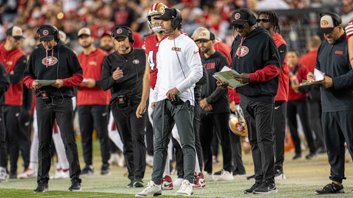 Oct 27, 2024; Santa Clara, California, USA; San Francisco 49ers head coach Kyle Shanahan looks on after the first down by the Dallas Cowboys during the third quarter at Levi's Stadium. Mandatory Credit: Neville E. Guard-Imagn Images