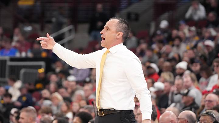 Mar 12, 2026; Chicago, IL, USA; Iowa Hawkeyes head coach Ben McCollum gestures to his team against the Ohio State Buckeyes during the first half at United Center. Mandatory Credit: David Banks-Imagn Images