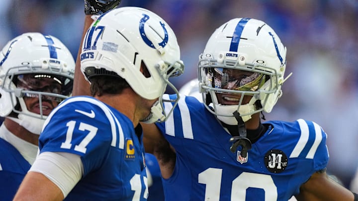 Indianapolis Colts wide receiver Adonai Mitchell (10) celebrates a touchdown with Indianapolis Colts quarterback Daniel Jones (17) on Sunday, Sept. 7, 2025, during the game at Lucas Oil Stadium in Indianapolis. Indianapolis Colts wide receiver Adonai Mitchell (10) celebrates a touchdown with Indianapolis Colts quarterback Daniel Jones (17) on Sunday, Sept. 7, 2025, during the game at Lucas Oil Stadium in Indianapolis.