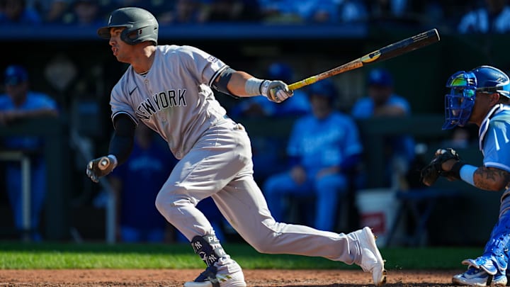 Oct 1, 2023; Kansas City, Missouri, USA; New York Yankees second baseman Oswald Peraza (91) bats