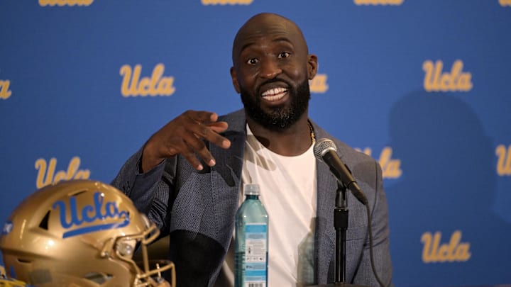 Feb 13, 2024; Los Angeles, CA, USA;  DeShaun Foster answers questions from media after he was introduced as the UCLA Bruins head football coach during a press conference at Pauley Pavilion.  Mandatory Credit: Jayne Kamin-Oncea-Imagn Images