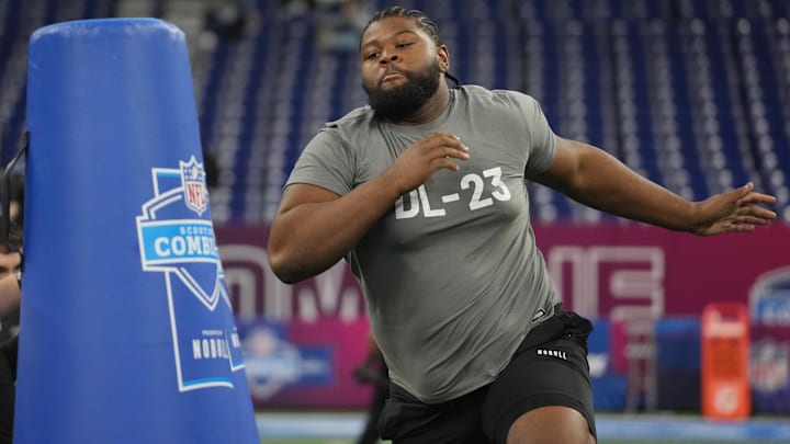 Feb 29, 2024; Indianapolis, IN, USA; Auburn defensive lineman Justin Rogers (DL23) works out during