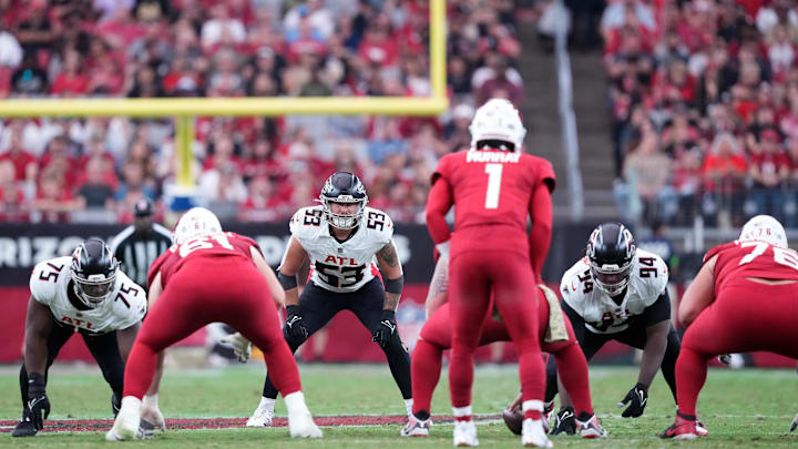 Nov 12, 2023; Glendale, Arizona, USA; Atlanta Falcons linebacker Kaden Elliss (55) looks down Arizona Cardinals quarterback Kyler Murray (1) during the first half at State Farm Stadium. Mandatory Credit: Joe Camporeale-USA TODAY Sports Nov 12, 2023; Glendale, Arizona, USA; Atlanta Falcons linebacker Kaden Elliss (55) looks down Arizona Cardinals quarterback Kyler Murray (1) during the first half at State Farm Stadium. Mandatory Credit: Joe Camporeale-USA TODAY Sports