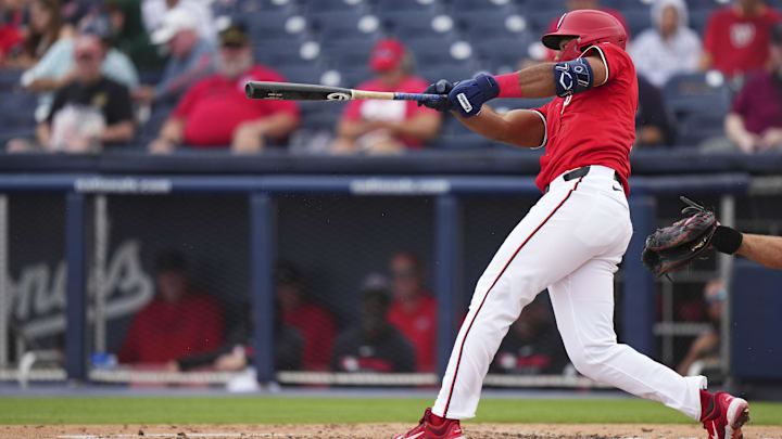 Mar 4, 2025; West Palm Beach, Florida, USA; Washington Nationals outfielder Amed Rosario (13) hits a single against the St. Louis Cardinals during the third inning at CACTI Park of the Palm Beaches. Mar 4, 2025; West Palm Beach, Florida, USA; Washington Nationals outfielder Amed Rosario (13) hits a single against the St. Louis Cardinals during the third inning at CACTI Park of the Palm Beaches.