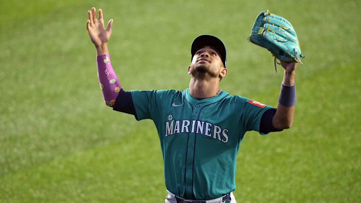 Oct 13, 2025; Toronto, Ontario, CAN; Seattle Mariners center fielder Julio Rodriguez (44) celebrates after defeating the Toronto Blue Jays in game two of the ALCS round for the 2025 MLB playoffs at Rogers Centre. Mandatory Credit: John E. Sokolowski-Imagn Images