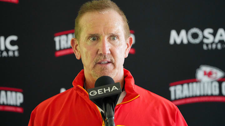 Kansas City Chiefs defensive coordinator Steve Spagnuolo talks with media after training camp at Missouri Western State University.