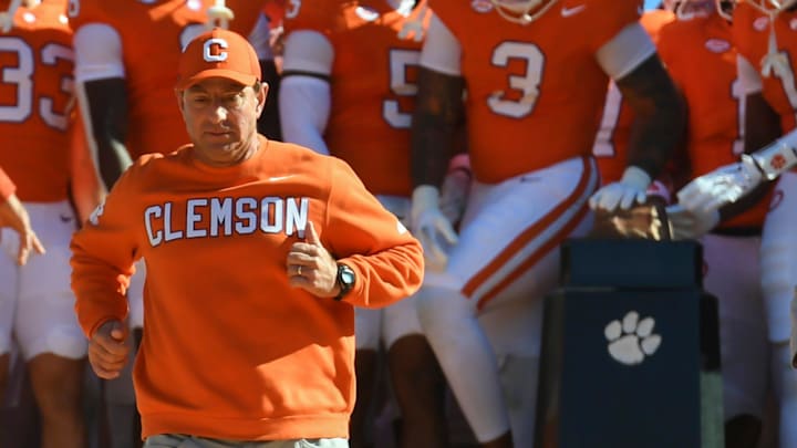 Clemson Tigers head coach Dabo Swinney leads the Tigers onto the field Saturday, Nov. 1, 2025, ahead of the NCAA football game against the Duke Blue Devils at Memorial Stadium in Clemson, South Carolina. Clemson Tigers head coach Dabo Swinney leads the Tigers onto the field Saturday, Nov. 1, 2025, ahead of the NCAA football game against the Duke Blue Devils at Memorial Stadium in Clemson, South Carolina.