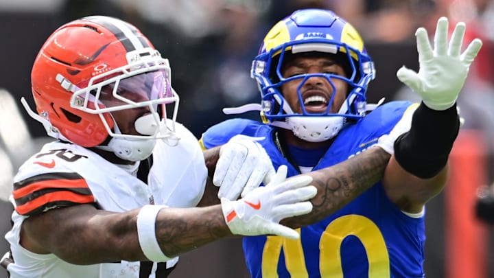 Aug 23, 2025; Cleveland, Ohio, USA; Los Angeles Rams linebacker Tony Fields II (40) breaks up a pass intended for Cleveland Browns running back Trayveon Williams (36) during the second half at Huntington Bank Field. Mandatory Credit: Ken Blaze-Imagn Images