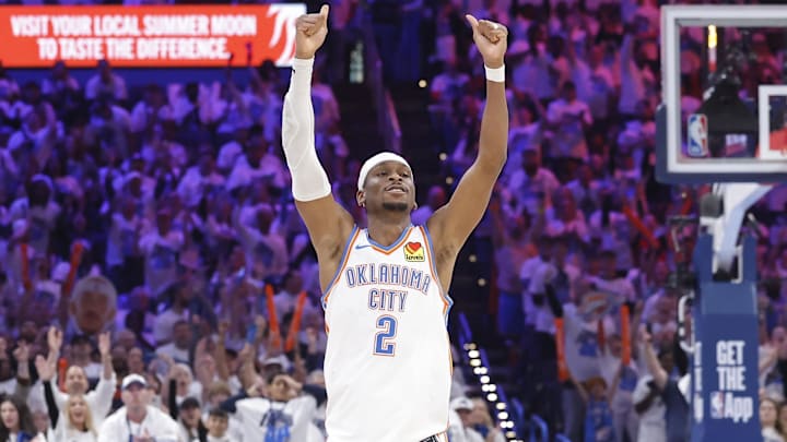 Apr 20, 2025; Oklahoma City, Oklahoma, USA; Oklahoma City Thunder guard Shai Gilgeous-Alexander (2) celebrates after scoring against the Memphis Grizzlies during the second quarter at Paycom Center. Mandatory Credit: Alonzo Adams-Imagn Images