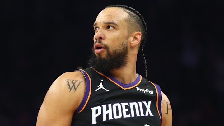 Apr 17, 2026; Phoenix, Arizona, USA; Phoenix Suns forward Dillon Brooks (3) against the Golden State Warriors during the play-in rounds of the 2026 NBA Playoffs at Mortgage Matchup Center. Mandatory Credit: Mark J. Rebilas-Imagn Images