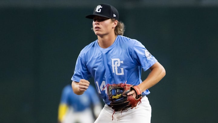 Daniel Pierce of Mill Creek High School in Georgia takes part in the Perfect Game National Showcase high school baseball game at Chase Field in Phoenix on July 1, 2024.