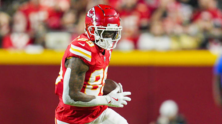 Oct 7, 2024; Kansas City, Missouri, USA; Kansas City Chiefs tight end Jody Fortson (89) runs with the ball during the first half against the New Orleans Saints at GEHA Field at Arrowhead Stadium. Mandatory Credit: Jay Biggerstaff-Imagn Images