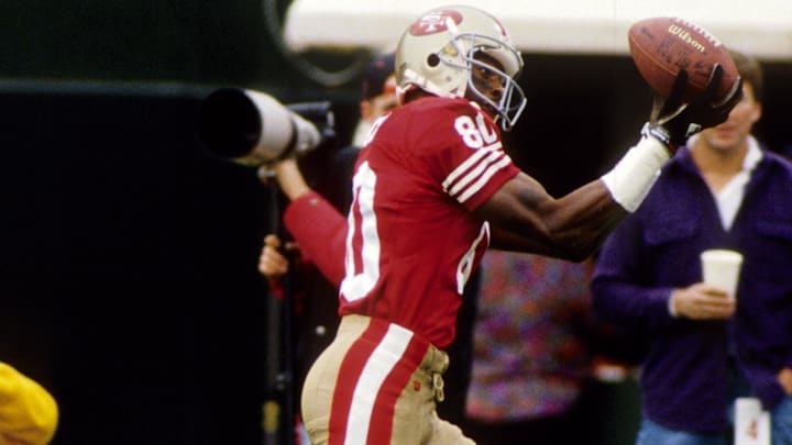 Oct 3, 1993; San Francisco 49ers receiver Jerry Rice (80) in action against the Minnesota Vikings Oct 3, 1993; San Francisco 49ers receiver Jerry Rice (80) in action against the Minnesota Vikings