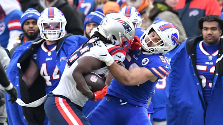 Jan 8, 2023; Orchard Park, New York, USA; Buffalo Bills linebacker Matt Milano (58) makes a tackle on New England Patriots running back Rhamondre Stevenson (38)